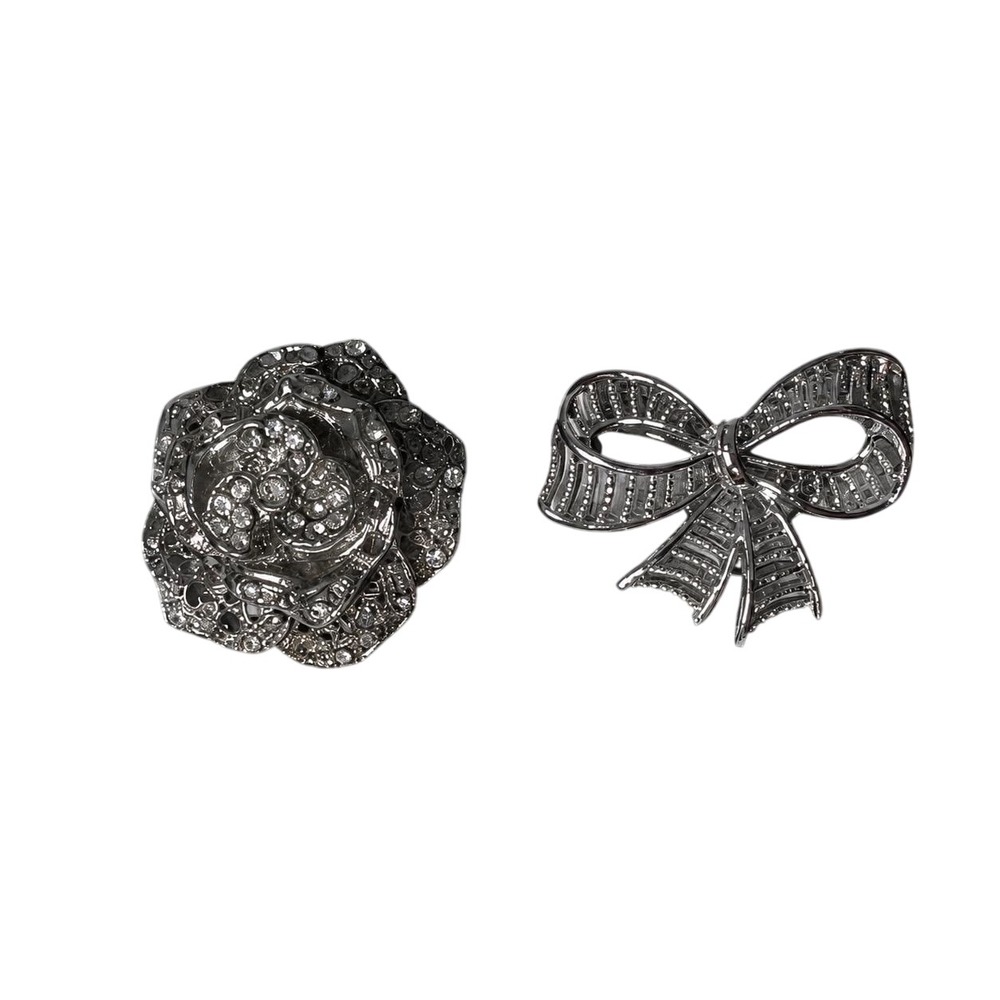 Vintage Silver Tone Brooch Lot Rhinestone Flower Bow Pin Set‎